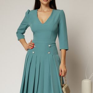 Rochie DY Fashion albastra cu decolteu adanc si fusta plisata