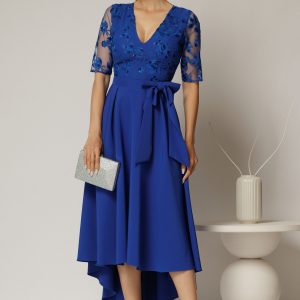 Rochie DY Fashion asimetrica albastra cu dantela cu paiete la bust si funda ampla