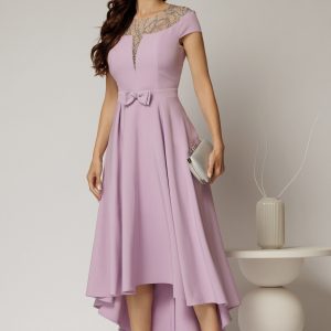 Rochie DY Fashion asimetrica lila cu funda in talie si aplicatii la decolteu