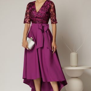 Rochie DY Fashion asimetrica mov cu dantela cu paiete la bust si funda ampla