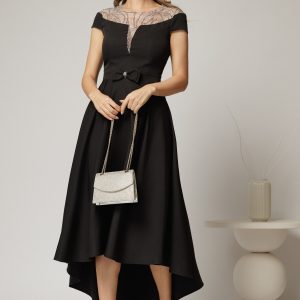 Rochie DY Fashion asimetrica neagra cu funda in talie si aplicatii la decolteu