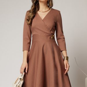 Rochie DY Fashion bej clos in dungi din jerse si detaliu in talie