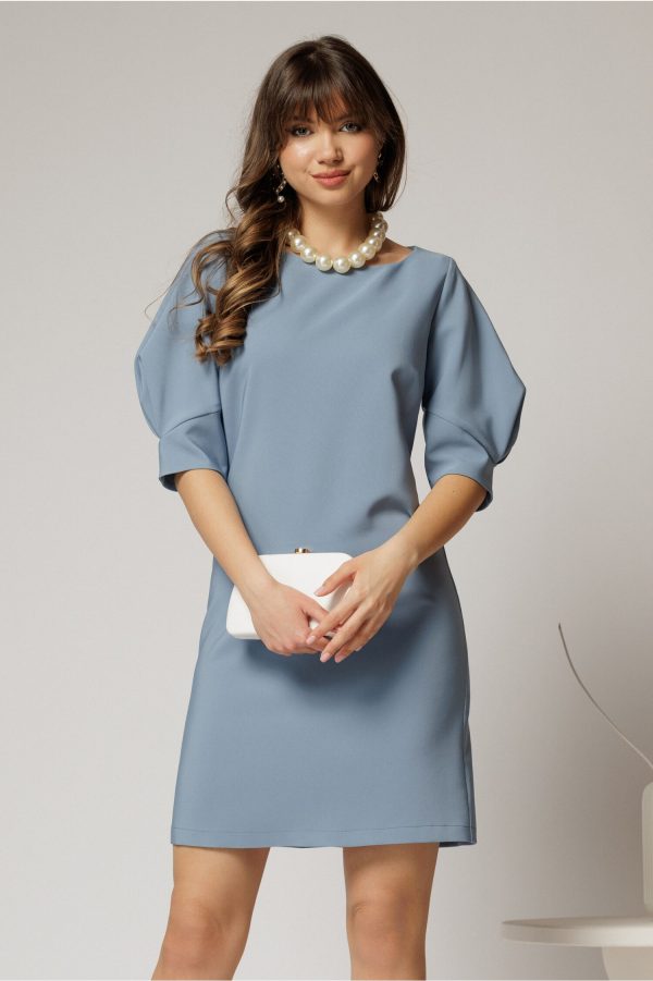 Rochie DY Fashion bleu scurta croi cambrat cu maneci cu design atipic