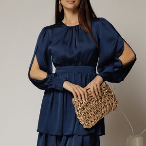 Rochie DY Fashion bleumarin scurta din voal cu manecile sparte si fusta suprapusa