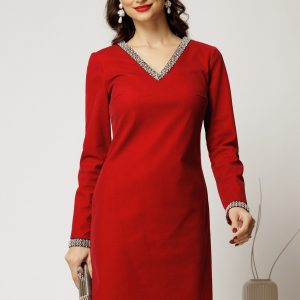 Rochie DY Fashion bordo din catifea fixa cu perle la decolteu si maneci
