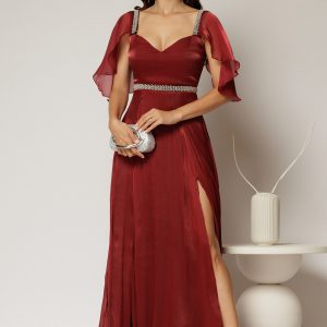 Rochie DY Fashion bordo lunga de seara cu aplicatii de perle pe talie