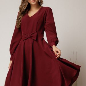 Rochie DY Fashion bordo midi cu funda in talie si decolteu V