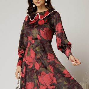 Rochie DY Fashion din catifea cu print rosu si perle la guler