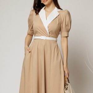 Rochie DY Fashion din poplin bej cu guler in contrast si curea in talie