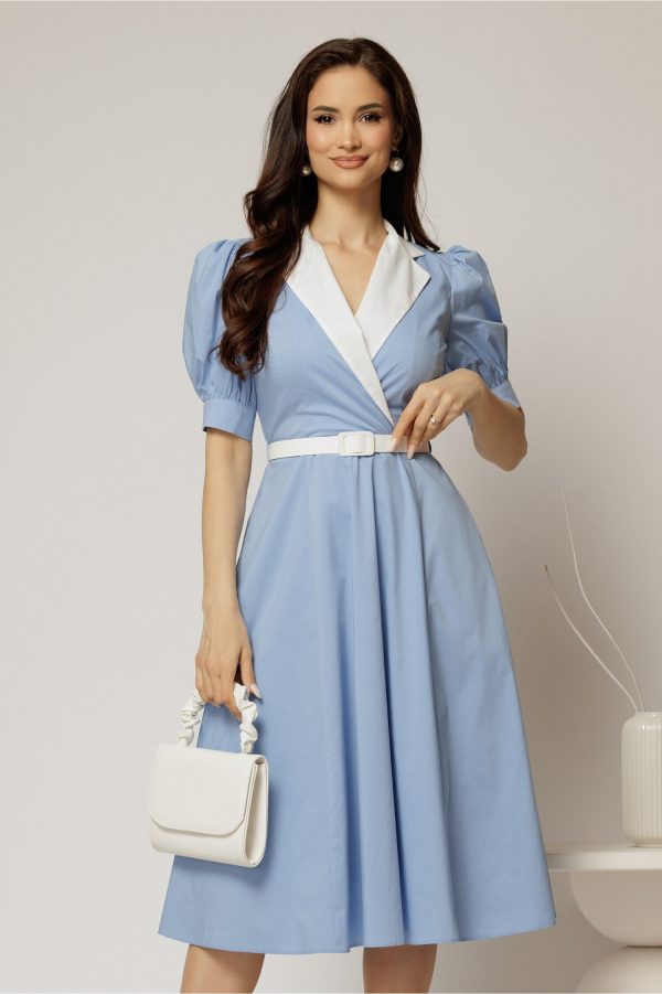 Rochie DY Fashion din poplin bleu cu guler in contrast si curea in talie
