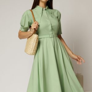 Rochie DY Fashion din poplin verde fistic cu guler dublu si nasture la guler