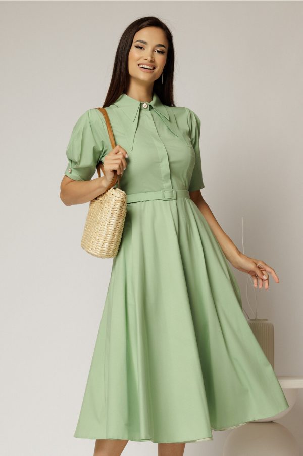 Rochie DY Fashion din poplin verde fistic cu guler dublu si nasture la guler