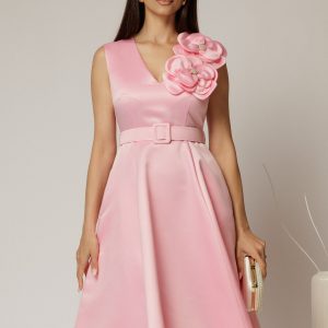 Rochie DY Fashion din tafta roz cu floare ampla cu perla pe umar
