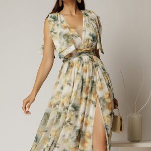 Rochie DY Fashion din voal creponat cu imprimeuri galbene si funde ample pe umeri
