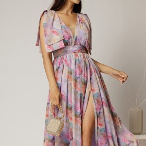 Rochie DY Fashion din voal creponat cu imprimeuri lila si funde ample pe umeri