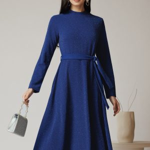 Rochie DY Fashion eleganta din lurex albastra cu cordon in talie