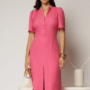 Rochie DY Fashion fucsia de zi de vara cu maneci scurte si nasturi la bust