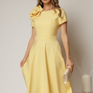 Rochie DY Fashion galbena clos cu trandafir la umar si cordon detasabil