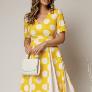 Rochie DY Fashion galbena cu buline mari si pliuri ample in contrast