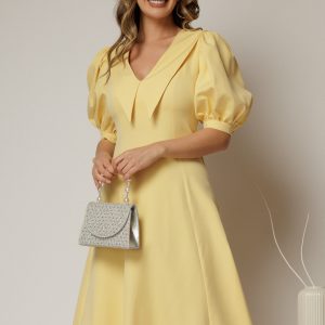 Rochie DY Fashion galbena in clini cu guler ascutit si maneci scurte bufante