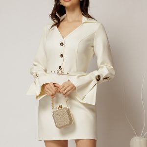 Rochie DY Fashion ivoar cu maneci evazate si decolteu cu guler