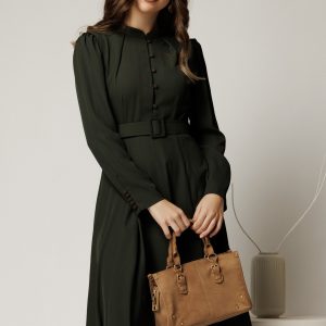 Rochie DY Fashion kaki din triplu voal cu nasturi pe bust si curea in talie