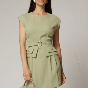 Rochie DY Fashion kaki scurta cu peplum si curea in talie