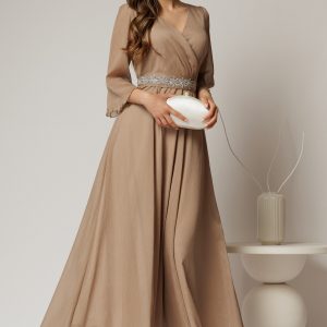 Rochie DY Fashion lunga bej din voal cu fir lurex