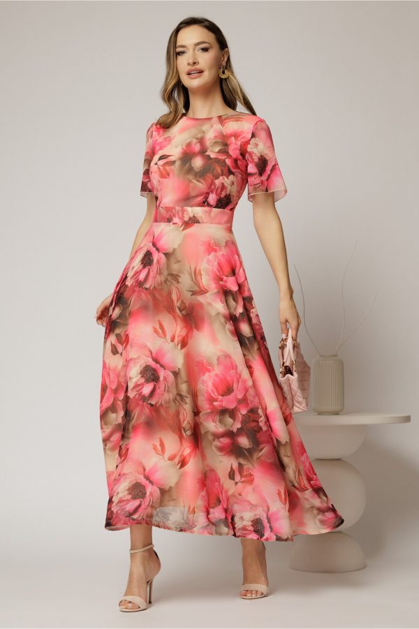 Rochie DY Fashion lunga cu imprimeu rosu zmeura din voal creponat cu rijelina