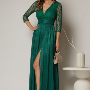 Rochie DY Fashion lunga verde de seara cu bustul din dantela