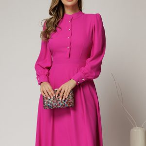 Rochie DY Fashion magenta din triplu voal cu guler tunica si nasturi tip floare