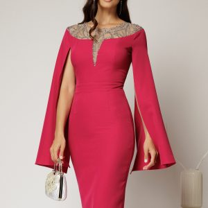 Rochie DY Fashion magenta midi cu manecile lungi crapate si aplicatii la bust