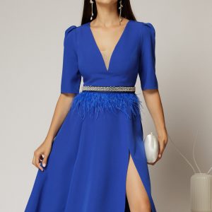 Rochie DY Fashion midi albastra cu cordon cu pene si perle in talie