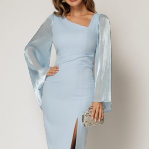 Rochie DY Fashion midi bleu cu maneci din voal ample si decolteu asimetric