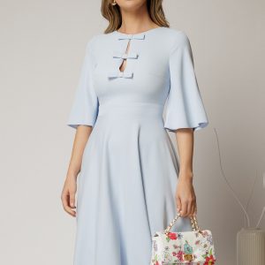 Rochie DY Fashion midi bleu cu maneci evazate si funde pe bust