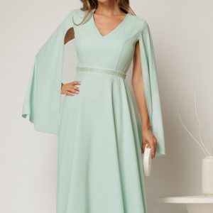 Rochie DY Fashion midi bleu cu maneci lungi crapate si aplicatii in talie