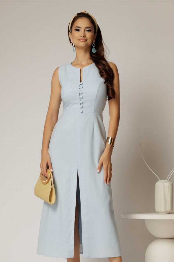 Rochie DY Fashion midi bleu din in cu nasturi pe bust fara maneci