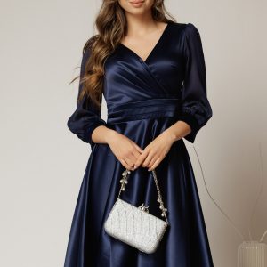Rochie DY Fashion midi bleumarin din tafta cu maneci din voal cu lurex