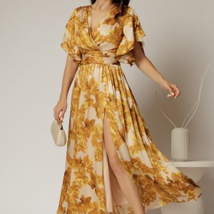 Rochie DY Fashion midi cu imprimeu galben mustar din voal satinat