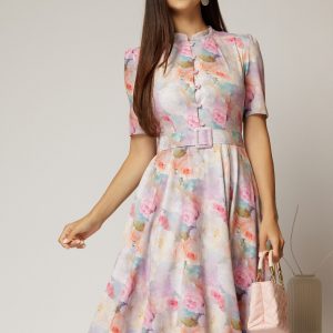 Rochie DY Fashion midi cu imprimeu lila in clos din triplu voal cu nasturi la bust si curea in talie