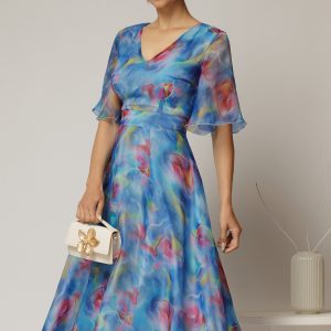 Rochie DY Fashion midi din organza cu imprimeuri bleu lila