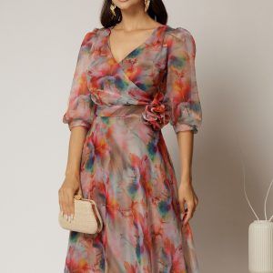 Rochie DY Fashion midi din organza cu imprimeuri oranj