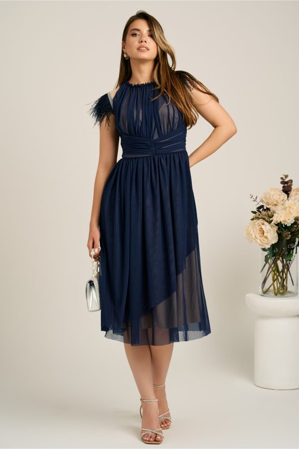 Rochie DY Fashion midi din tull bleumarin in clos cu pene la umeri