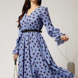 Rochie DY Fashion midi din voal bleu cu buline si curea in talie