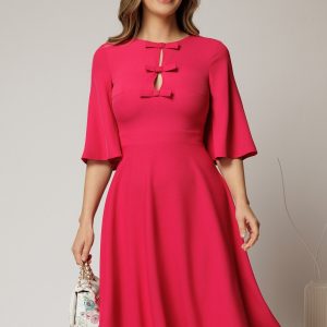 Rochie DY Fashion midi fucsia cu maneci evazate si funde pe bust