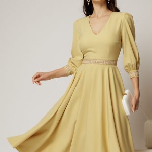 Rochie DY Fashion midi galbena cu banda decorativa pe talie si mansete