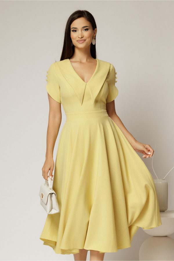 Rochie DY Fashion midi galbena cu guler ascutit si maneci scurte cu nasturi