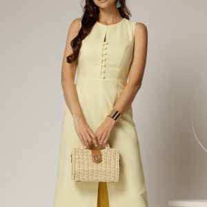 Rochie DY Fashion midi galbena din in cu nasturi pe bust fara maneci