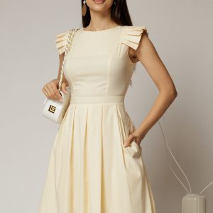 Rochie DY Fashion midi galbena din poplin in clos cu volane la umeri