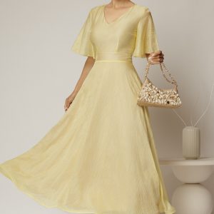 Rochie DY Fashion midi galbena din tencel cu insertii sidefate
